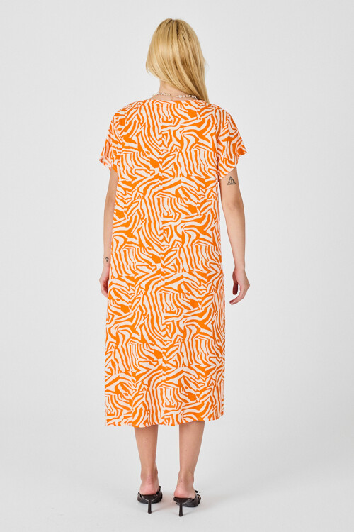 Turuncu Beyaz Derin V Yaka Kısa Kollu Çizgi Desenli Midi Boy Elbise BCVL-254004