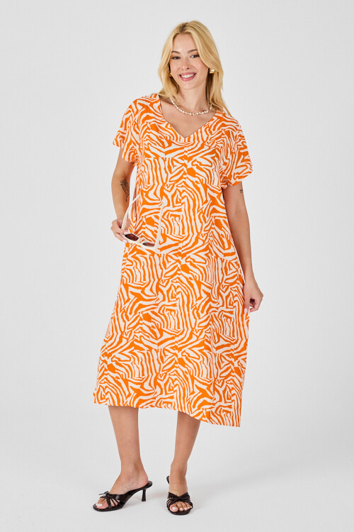 Turuncu Beyaz Derin V Yaka Kısa Kollu Çizgi Desenli Midi Boy Elbise BCVL-254004