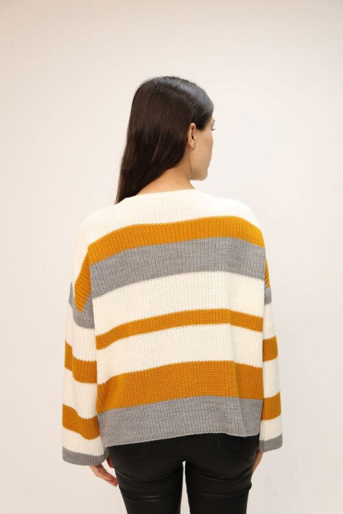 Turuncu Bisiklet Yaka Çizgi Desenli Triko Kazak BCES-252006