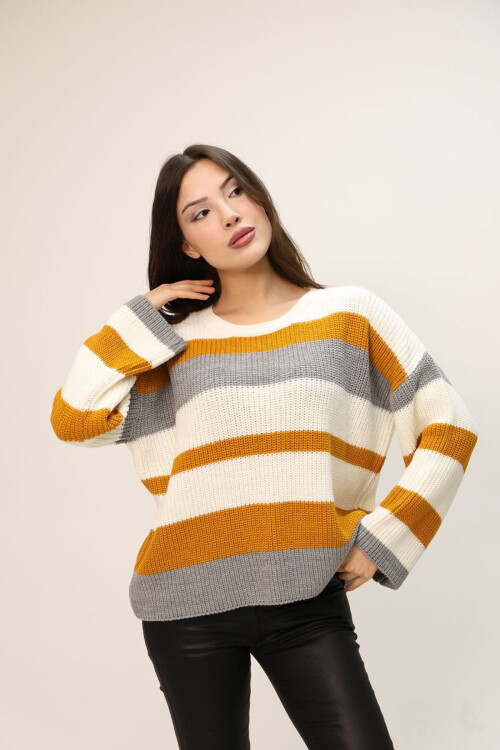 Turuncu Bisiklet Yaka Çizgi Desenli Triko Kazak BCES-252006