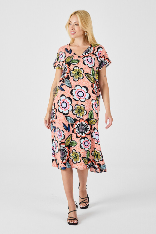 Turuncu Derin V Yaka Çiçek Desenli Midi Boy Elbise BCVL-254005