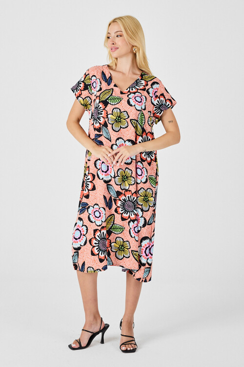 Turuncu Derin V Yaka Çiçek Desenli Midi Boy Elbise BCVL-254005
