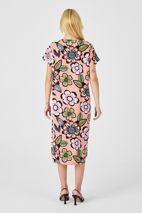 Turuncu Derin V Yaka Çiçek Desenli Midi Boy Elbise BCVL-254005