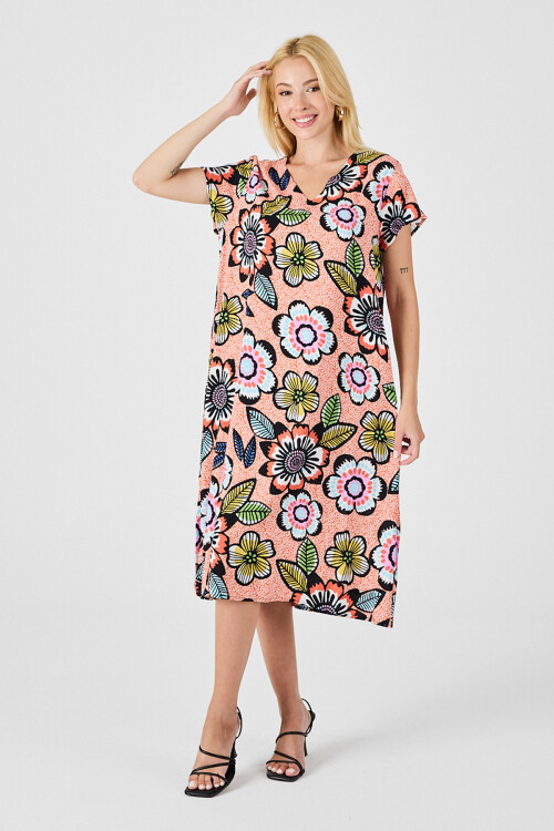 Turuncu Derin V Yaka Çiçek Desenli Midi Boy Elbise BCVL-254005