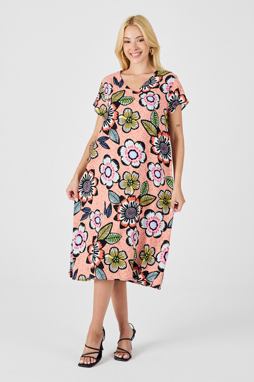 Turuncu Derin V Yaka Çiçek Desenli Midi Boy Elbise BCVL-254005