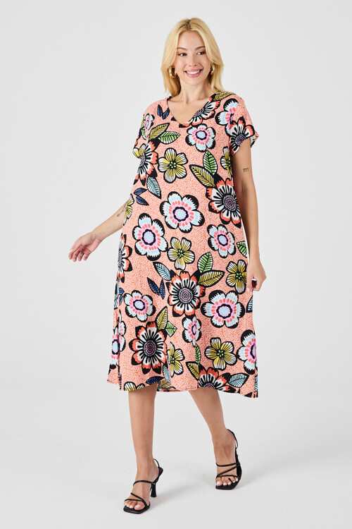 Turuncu Derin V Yaka Çiçek Desenli Midi Boy Elbise BCVL-254005