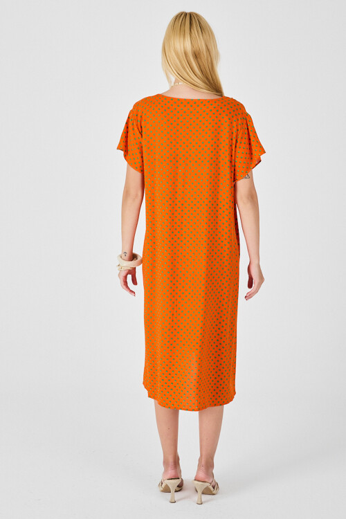 Turuncu Derin V Yaka Kısa Kollu Çizgi Desenli Midi Boy Elbise BCVL-254004