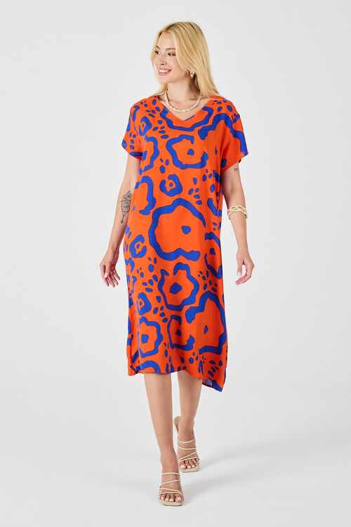 Turuncu Desenli Derin V Yaka Midi Boy Elbise BCVL-254008