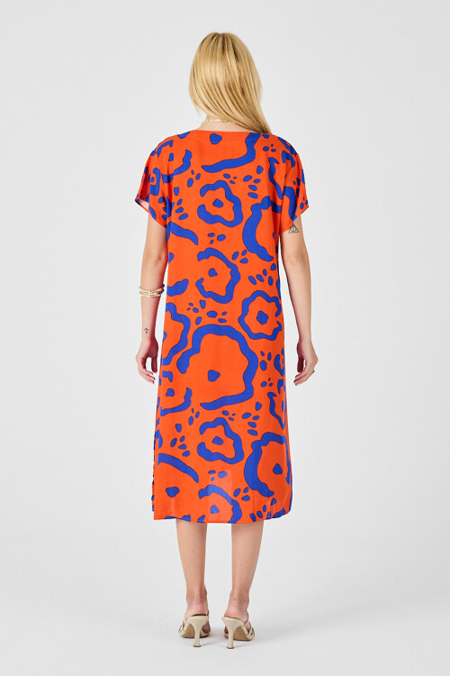 Turuncu Desenli Derin V Yaka Midi Boy Elbise BCVL-254008