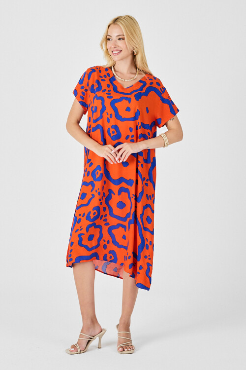 Turuncu Desenli Derin V Yaka Midi Boy Elbise BCVL-254008