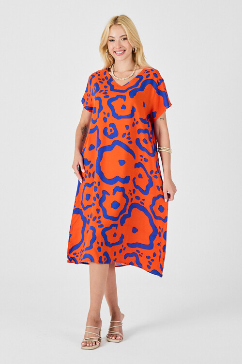 Turuncu Desenli Derin V Yaka Midi Boy Elbise BCVL-254008