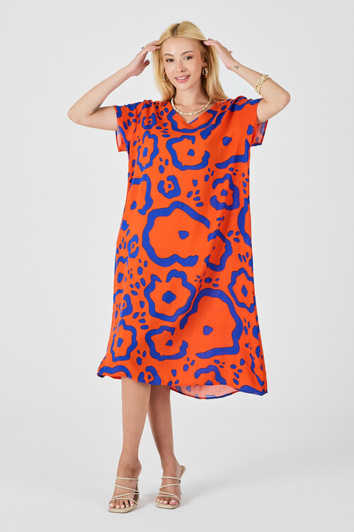 Turuncu Desenli Derin V Yaka Midi Boy Elbise BCVL-254008