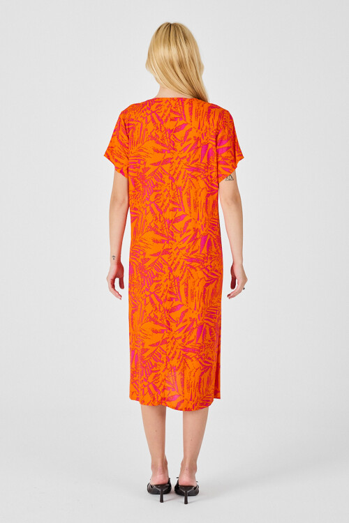 Turuncu Desenli V Yaka Kısa Kollu Midi Boy Elbise BCVL-254015