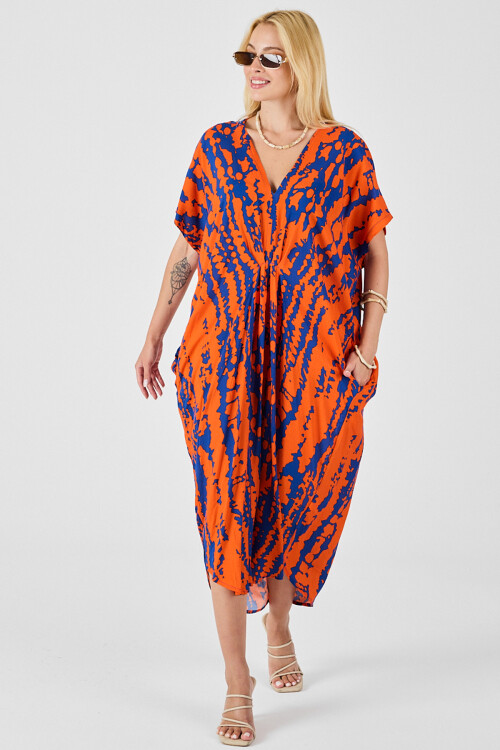 Turuncu Desenli V Yaka Salaş Kesim Kaftan Elbise BCVL-254024