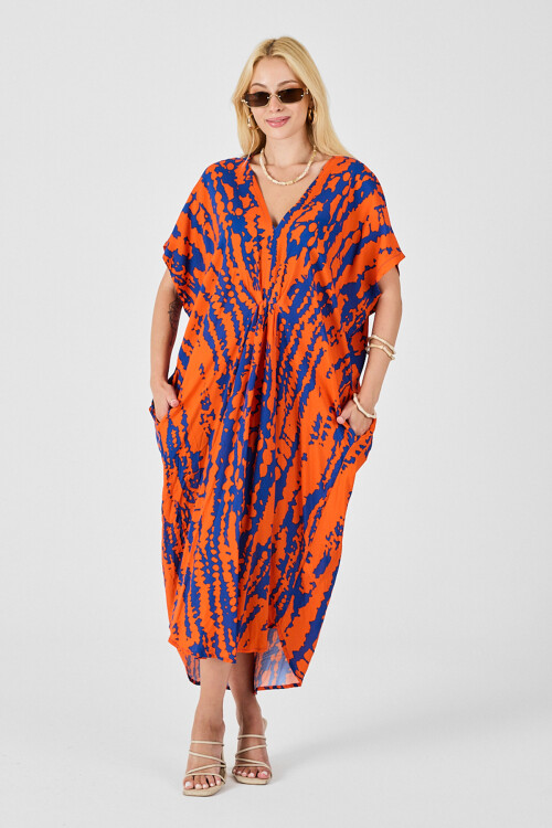 Turuncu Desenli V Yaka Salaş Kesim Kaftan Elbise BCVL-254024