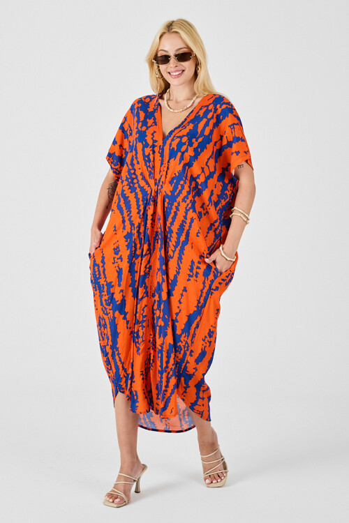 Turuncu Desenli V Yaka Salaş Kesim Kaftan Elbise BCVL-254024