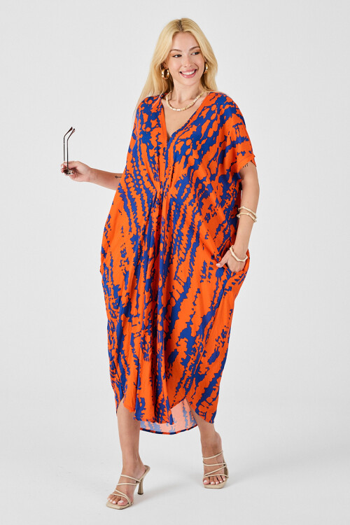 Turuncu Desenli V Yaka Salaş Kesim Kaftan Elbise BCVL-254024