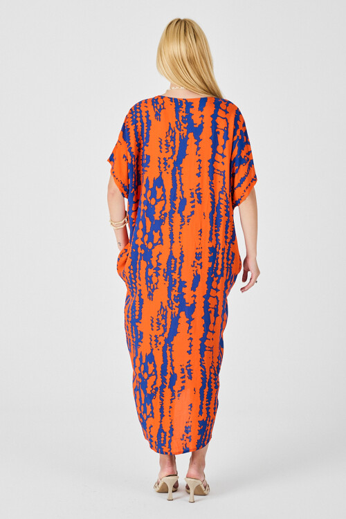 Turuncu Desenli V Yaka Salaş Kesim Kaftan Elbise BCVL-254024