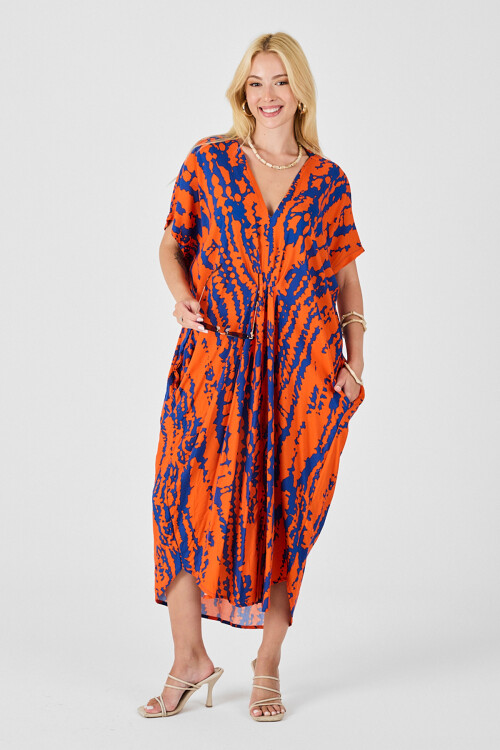 Turuncu Desenli V Yaka Salaş Kesim Kaftan Elbise BCVL-254024