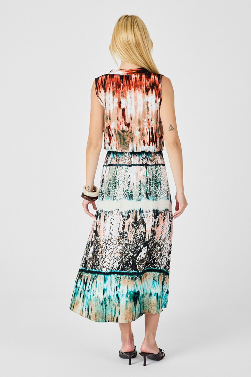 Turuncu-Ekru Çentik Yaka Düğmeli Desenli Kolsuz Midi Elbise BCVL-254025