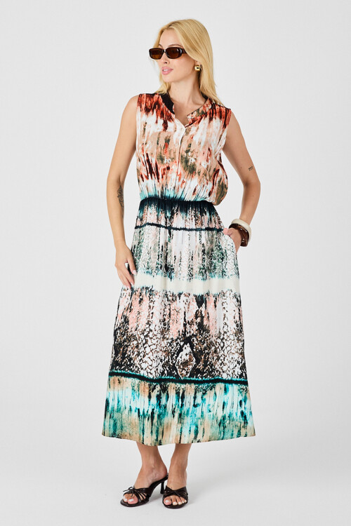 Turuncu-Ekru Çentik Yaka Düğmeli Desenli Kolsuz Midi Elbise BCVL-254025