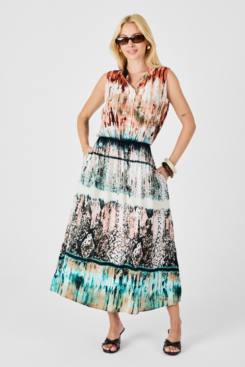 Turuncu-Ekru Çentik Yaka Düğmeli Desenli Kolsuz Midi Elbise BCVL-254025