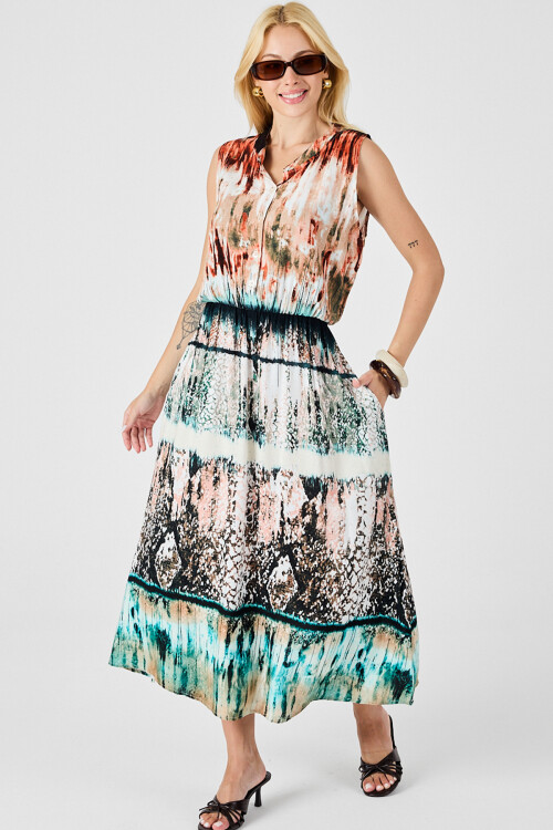 Turuncu-Ekru Çentik Yaka Düğmeli Desenli Kolsuz Midi Elbise BCVL-254025