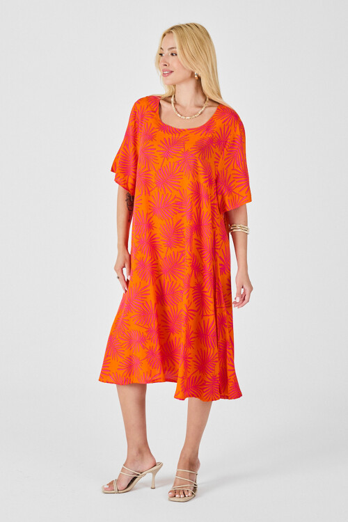 Turuncu Geniş Yaka Desenli Midi Boy Elbise BCVL-254009