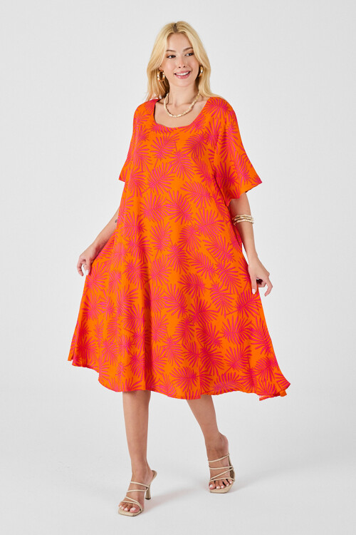 Turuncu Geniş Yaka Desenli Midi Boy Elbise BCVL-254009