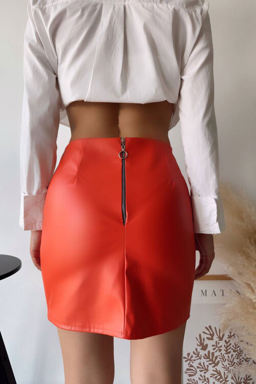 Turuncu Tek Yırtmaçlı Suni Deri Etek BCHN-2526475