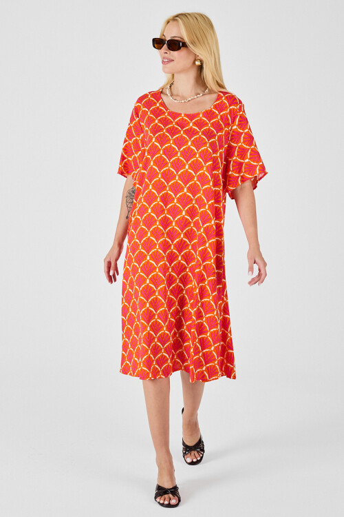 Turuncu U Yaka Kısa Kollu Midi Boy Desenli Elbise BCVL-254010