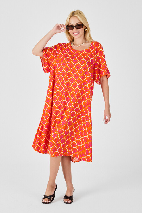 Turuncu U Yaka Kısa Kollu Midi Boy Desenli Elbise BCVL-254010