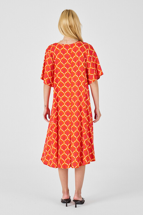 Turuncu U Yaka Kısa Kollu Midi Boy Desenli Elbise BCVL-254010