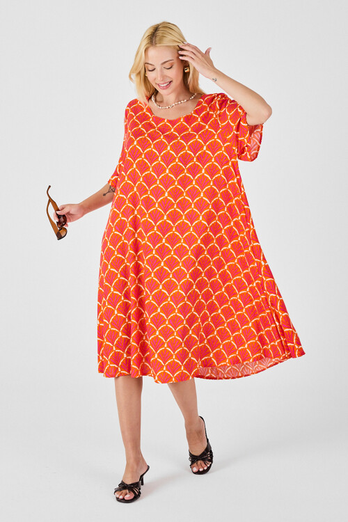 Turuncu U Yaka Kısa Kollu Midi Boy Desenli Elbise BCVL-254010