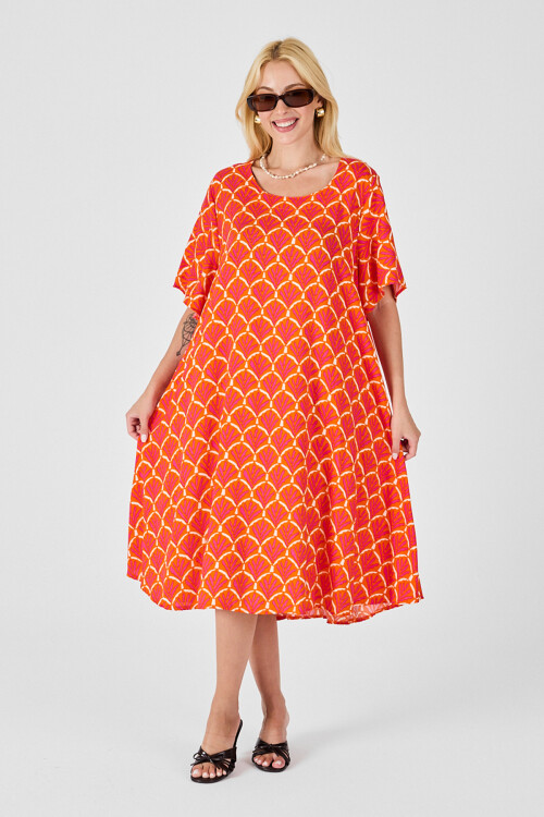 Turuncu U Yaka Kısa Kollu Midi Boy Desenli Elbise BCVL-254010