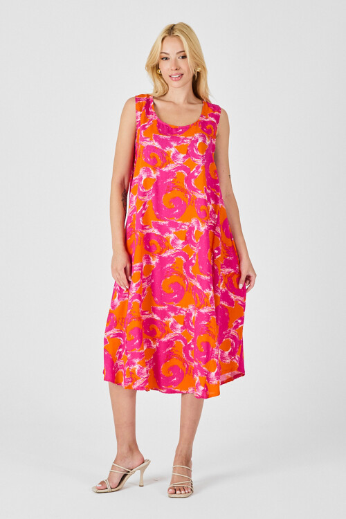 Turuncu U Yaka Kolsuz Asimetrik Kesim Midi Boy Elbise BCVL-254017