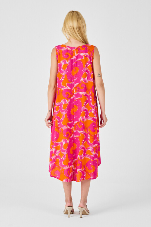 Turuncu U Yaka Kolsuz Asimetrik Kesim Midi Boy Elbise BCVL-254017