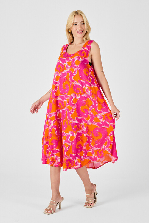 Turuncu U Yaka Kolsuz Asimetrik Kesim Midi Boy Elbise BCVL-254017