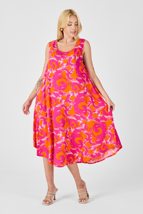 Turuncu U Yaka Kolsuz Asimetrik Kesim Midi Boy Elbise BCVL-254017