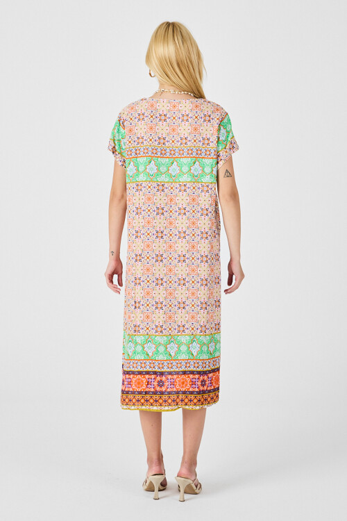 Turuncu-Yeşil Desenli V Yaka Midi Boy Elbise BCVL-254007