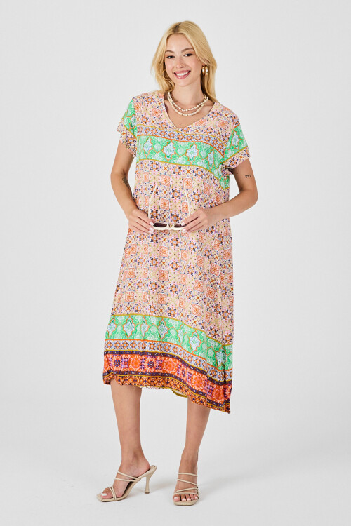 Turuncu-Yeşil Desenli V Yaka Midi Boy Elbise BCVL-254007