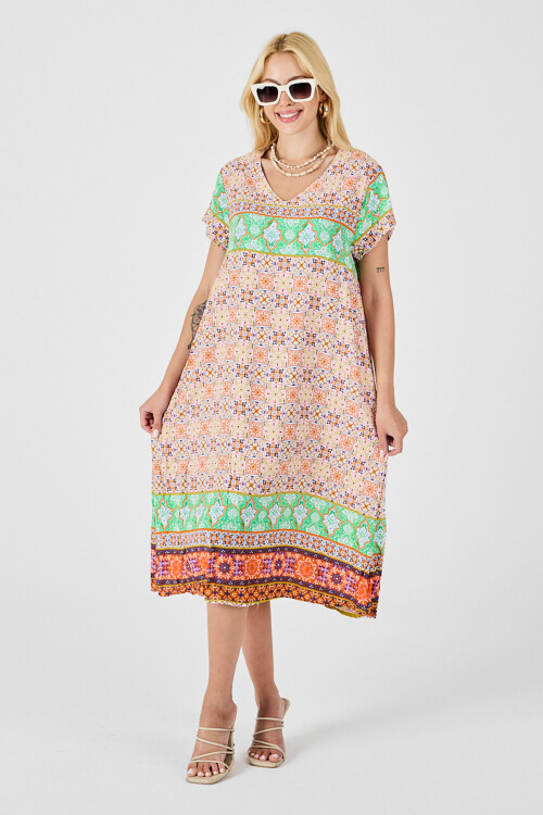 Turuncu-Yeşil Desenli V Yaka Midi Boy Elbise BCVL-254007