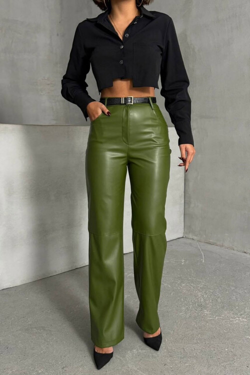 Yağ Yeşili Çift Cepli Fit Kesim Suni Deri Pantolon BCHN-25267542