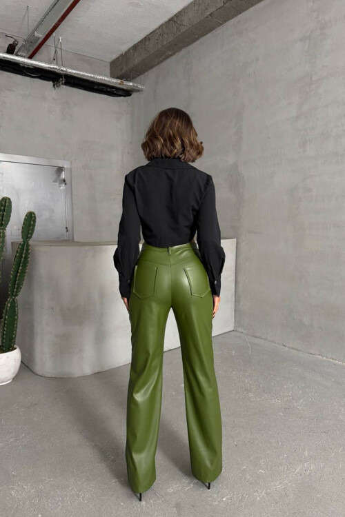 Yağ Yeşili Çift Cepli Fit Kesim Suni Deri Pantolon BCHN-25267542