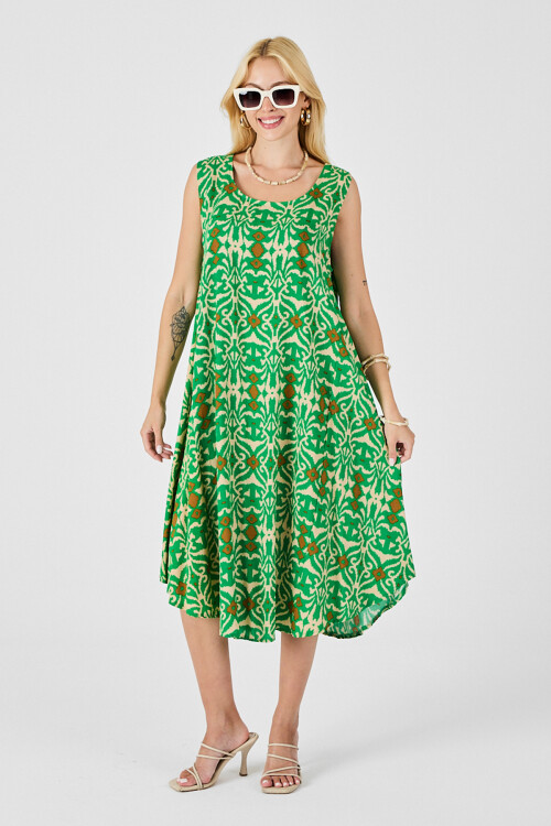 Yeşil Asimetrik Kesim U Yaka Desenli Elbise BCVL-254018