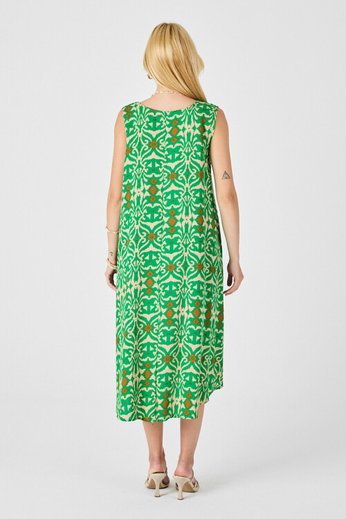 Yeşil Asimetrik Kesim U Yaka Desenli Elbise BCVL-254018