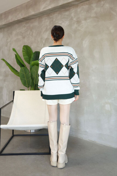 Yeşil Bisiklet Yaka Desenli Triko Kazak BCES-252015