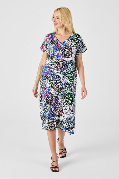 Yeşil Çiçekli V Yaka Kısa Kollu Midi Boy Desenli Elbise BCVL-254006