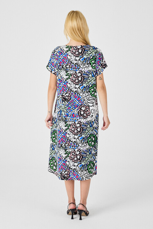 Yeşil Çiçekli V Yaka Kısa Kollu Midi Boy Desenli Elbise BCVL-254006