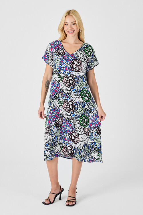 Yeşil Çiçekli V Yaka Kısa Kollu Midi Boy Desenli Elbise BCVL-254006